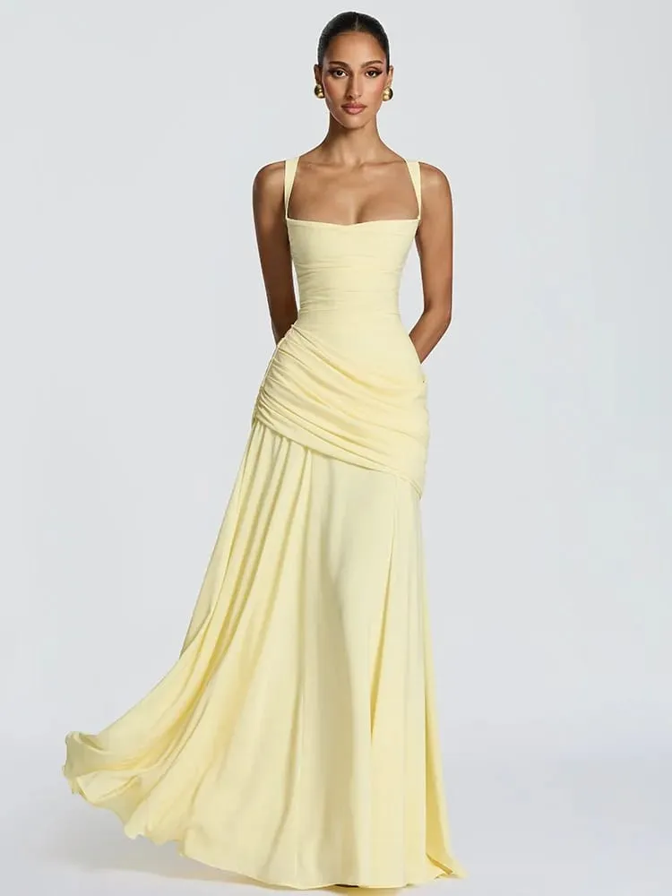 Sexy Solid Pleated Sling Dress Women Elegant Square Neck Sleeveless Waist-cinching Maxi Dresses 2026 New Summer Lady Party Robe