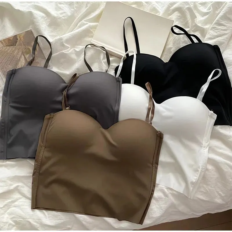 Ladies Thin Ice Silk Camisole Vest French Back Integrated Fixed Cup Traceless Vest Inside Match Outside Wear Short Hot Girl Top — image 3