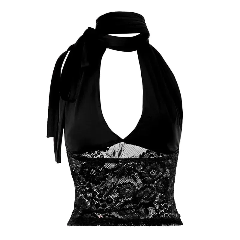 Sexy See Through Lace Patchwork V-neck Tank Top Women Sleeveless Vest Chic Party Club Camis Aesthetic Camisole Summer