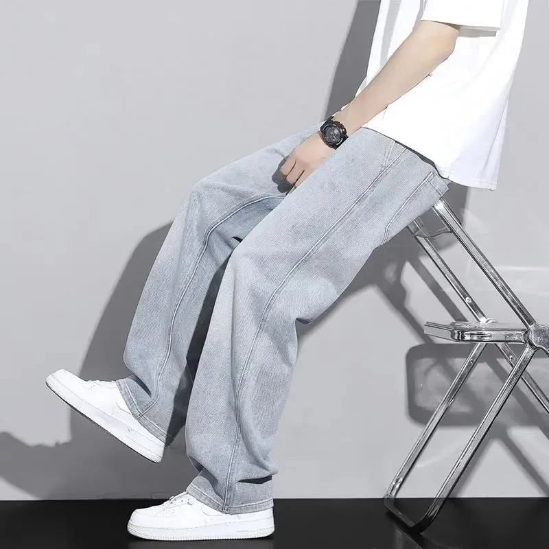 Men's Straight Leg Jeans American High Street High-quality Drawstring Design Daily Casual Loose Pants Washed Polished White — image 1