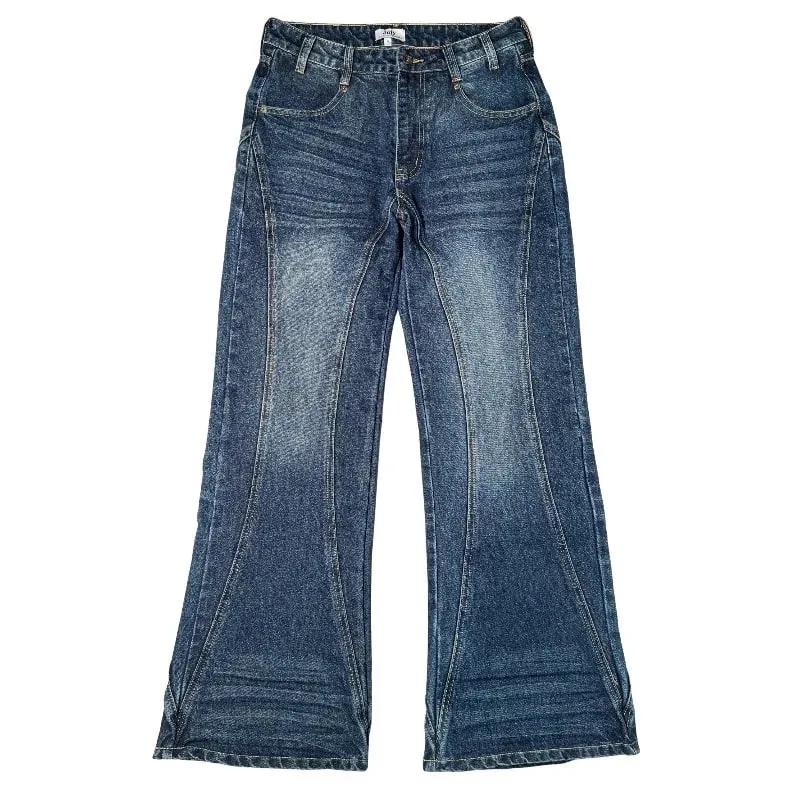 Y2K Retro Blue Flare Jeans Unisex Washed Denim Pants Embroidered Back Pocket Streetwear Wide Leg Bootcut Jeans