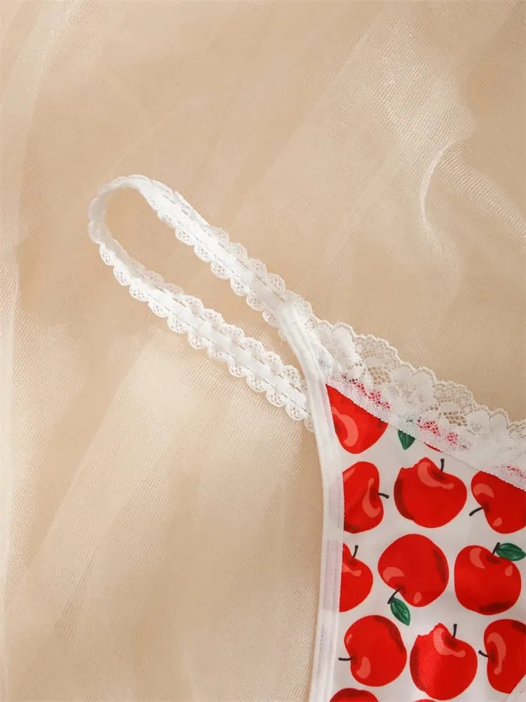 Women's Cute Apple Print Lingerie Set Wireless Triange Bra&Thong 2 PCS Bralette Sets Sweet Fruit Pattern Intimate Lace Underwear — image 6