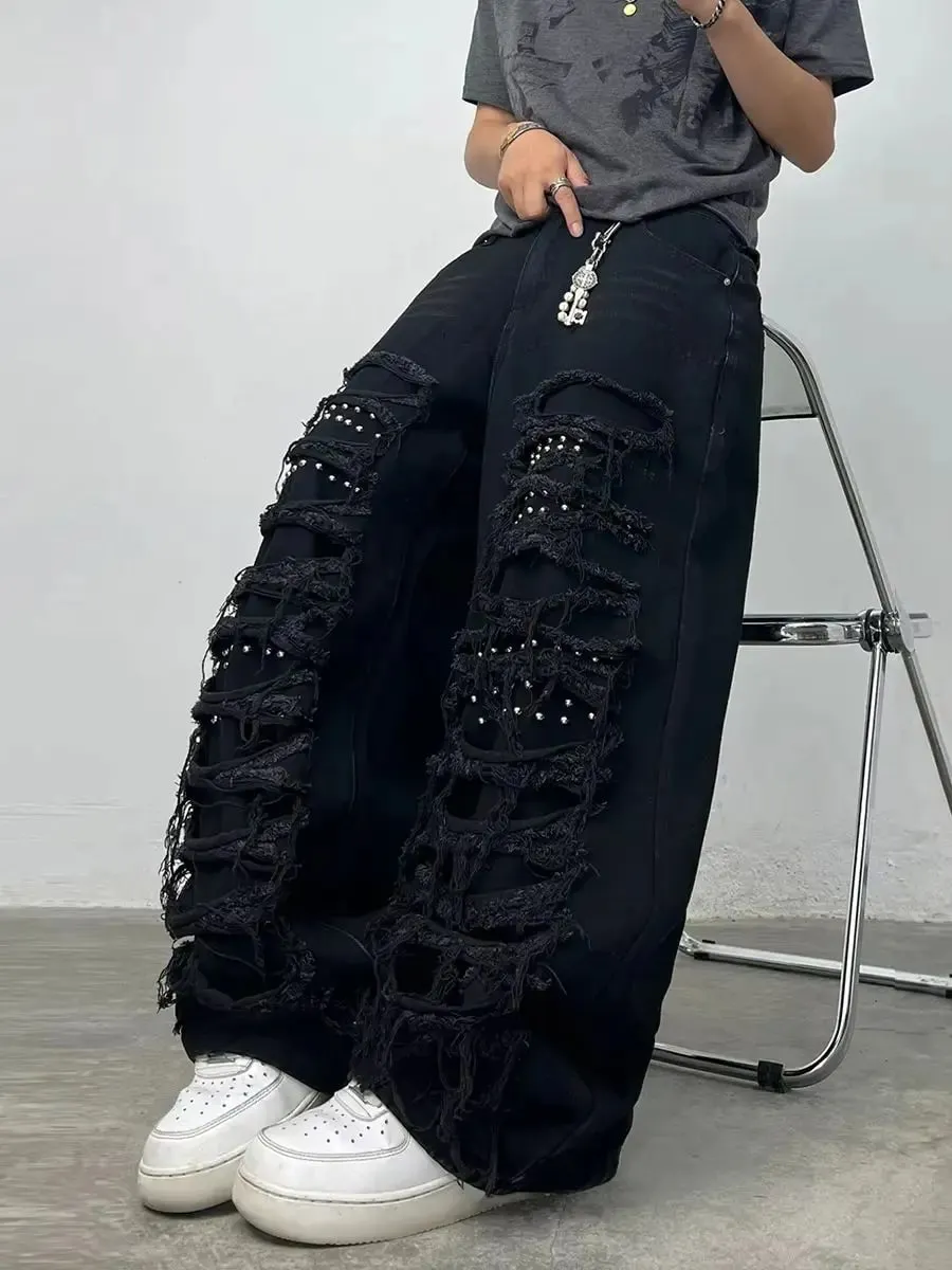 American High Street Double-Layer Patch Ripped Studded Design Black Men's Loose Jeans Y2K Street Hip-Hop Fashion Wide-Leg Pants