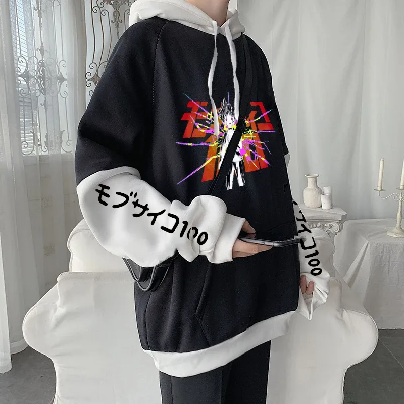 Anime Mob Psycho 100 Hættetrøjer Harajuku Shigeo Kageyama Punk tegneserie sweatshirts Mænd Kvinder Efterår Vinter Varm Patchwork Sweatshirt — image 3