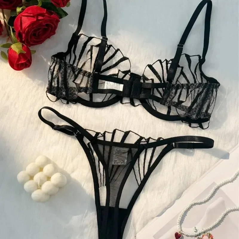 2pcs Women's Bra Set Sexy Lace Mesh Lingerie Set Ultra Thin Breathable Comfortable Lightweight Scallop Transparent Lingerie — image 3