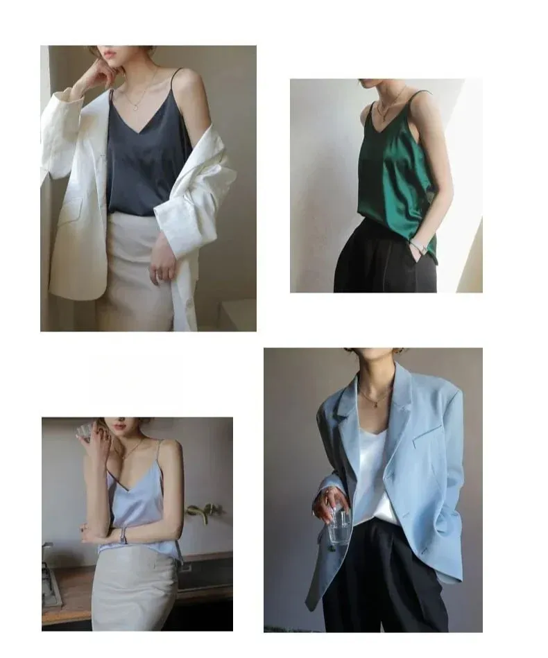 Women Halter V Neck Basic White Cami Spaghetti Strap Top Sleeveless Satin Silk 2026 Tank Tops Women'S Summer Camisole — image 9