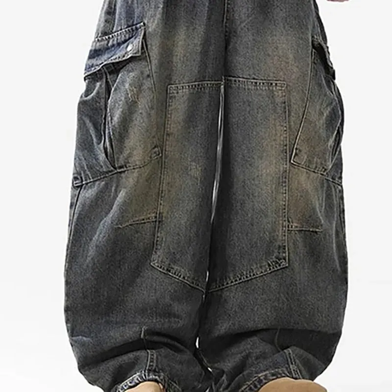 Retro Multi Pocket Curved Knife Jeans Autumn And Winter Vintage Wide Leg Workwear Pants Korean Version High Street Men'S Jeans — image 6