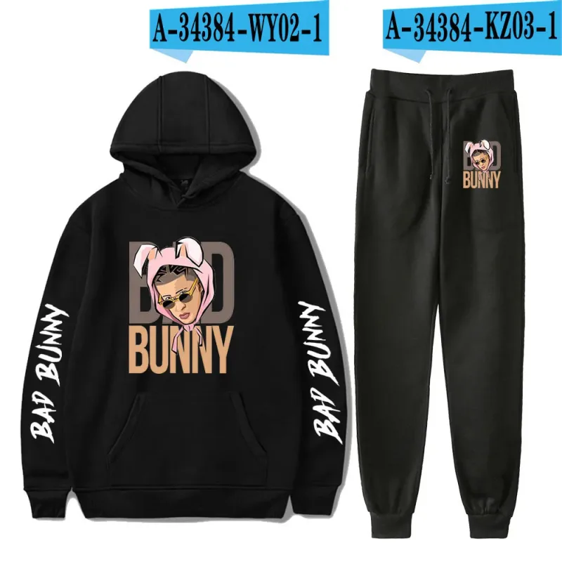 Harajuku Comfortable Funny bad bunny Print Sweatshirt Sweatpants Suit Men/Women Hoodies+ Trousers Suit Cute 2 Piece Set Clothes — image 58