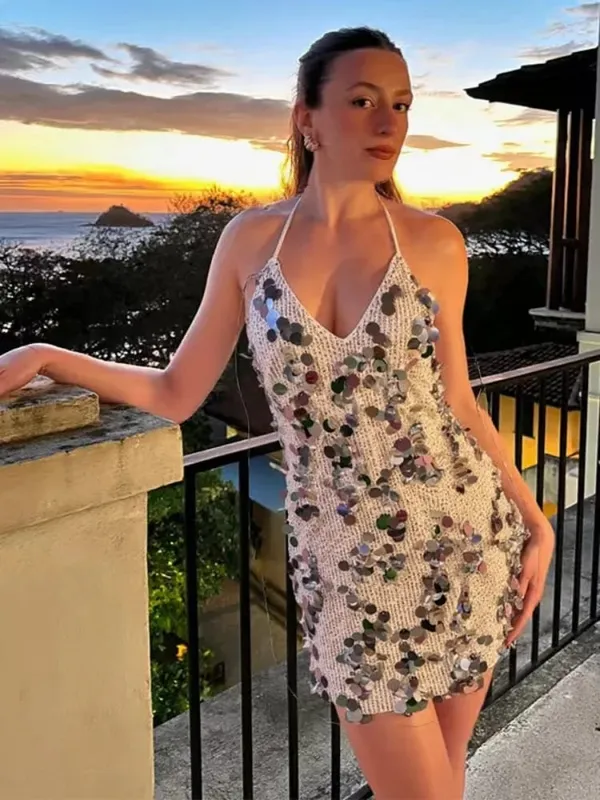 Women Solid Sequin Mini Dress Halter Neck Deep V Neck Bodycon Sleeveless Sparkly Vestidos Formal Club Party Cocktail Dresses New