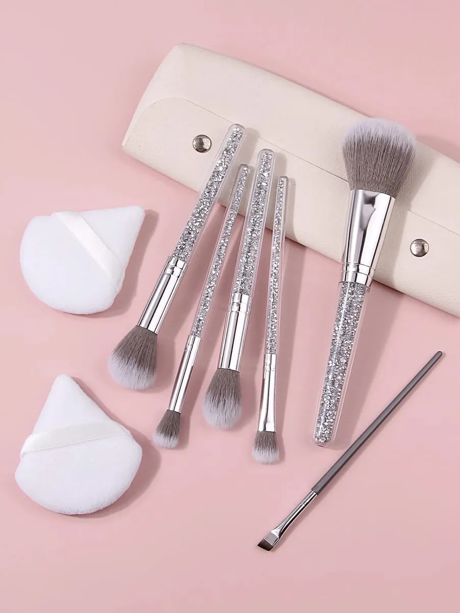 9Pcs Glitter Handle Makeup Brushes Set with Triangle Powder Puff Portable Storage Bag Foundation Blush Eyeshadow Blending Tools — image 1