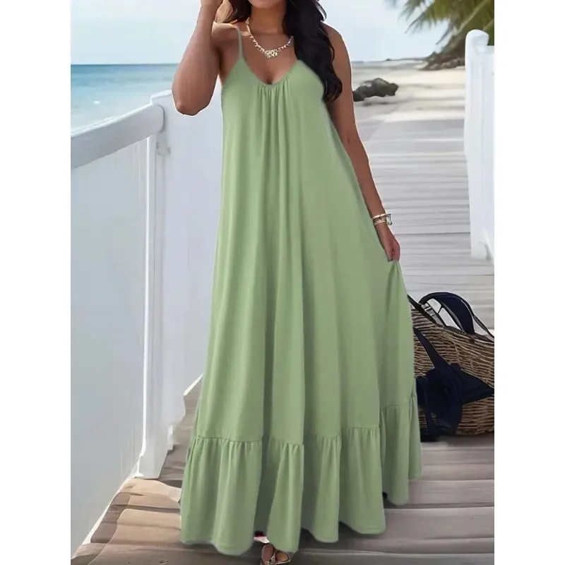 Summer Dresses 2026 New Solid Color Spaghetti Strap Maxi Dress Women V Neck For Beach Party Resort Daily Matching Outfit — image 6
