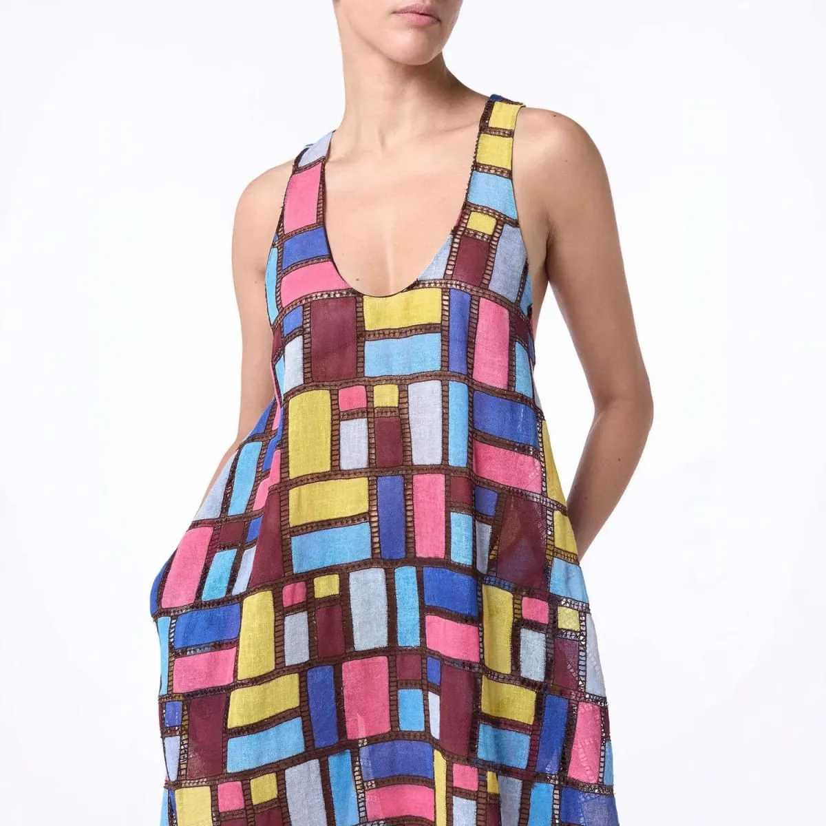 Colored Squares Sleeveless Long Dresses Women Fashion Sexy U-neck Pocket Loose Maxi Dress Summer Lady Vacation Commuting Vestido — image 3