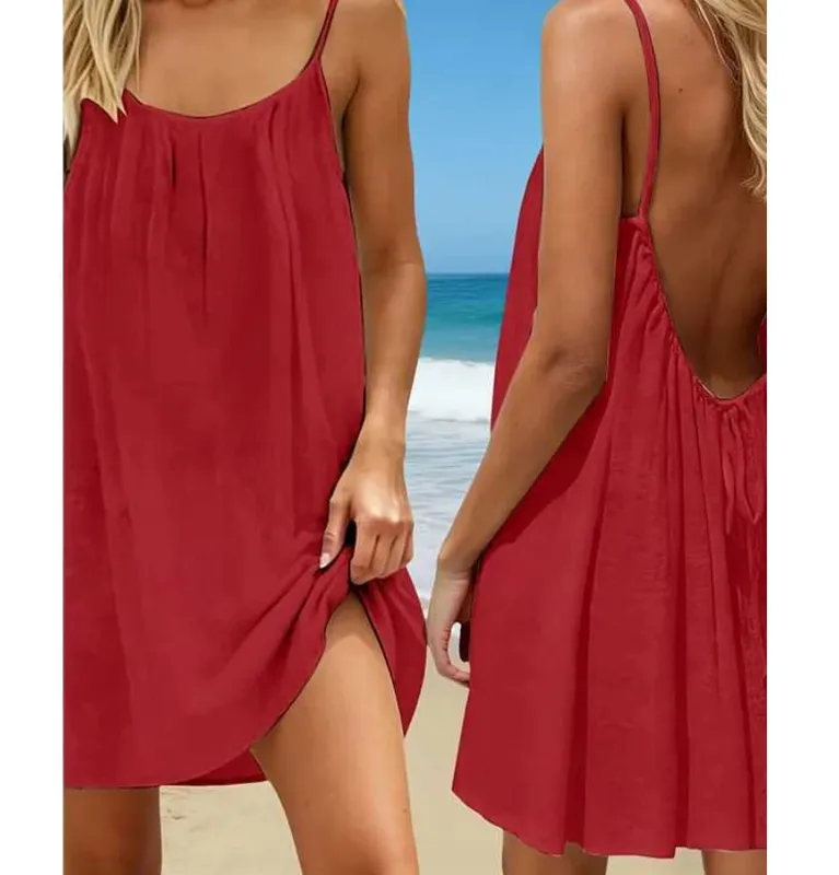 Women Sexy Backless Dress Solid Color Loose Fit Sleeveless Adjustable Short Dress With Straps Beach Vacation Sundress For Women — image 5