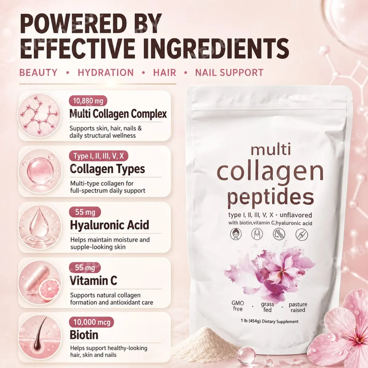 Polvo de péptidos múltiples de colágeno, mezcla de colágeno sin sabor de 454g con vitamina C, biotina, ácido hialurónico, soporte para piel, cabello y uñas