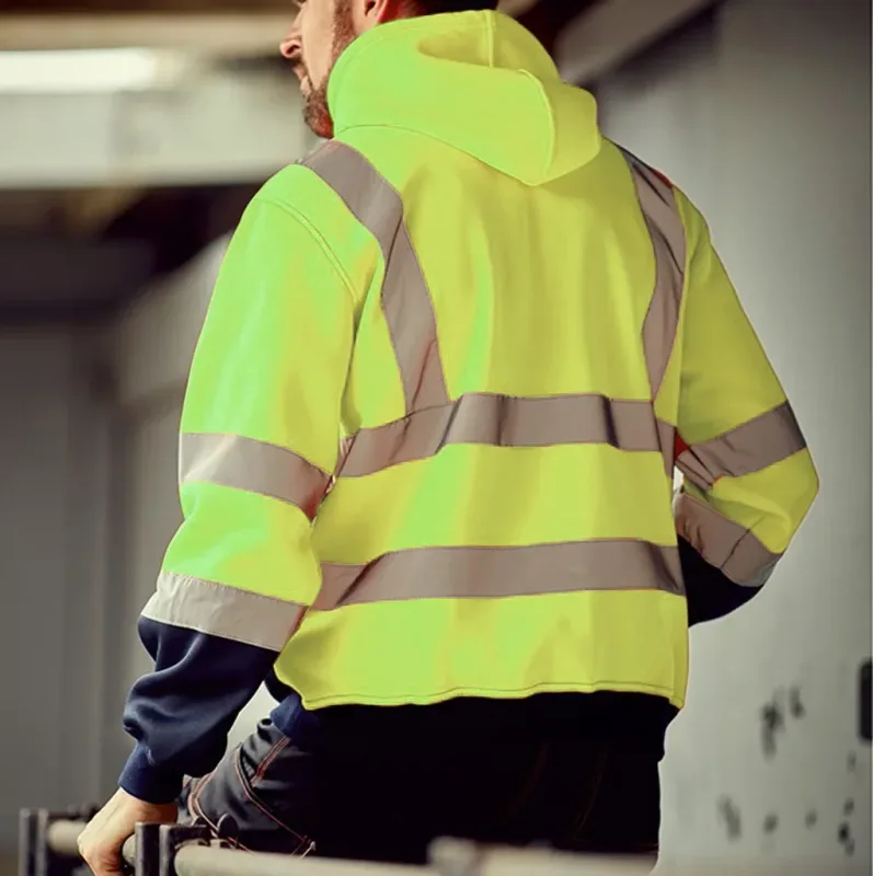 Reflective Work Safety Men Hoodies Drawstring Loose Zipper Jacket Autumn Thin Fleece Hooded Pullover Coat Casual Work Sweatshirt — image 7