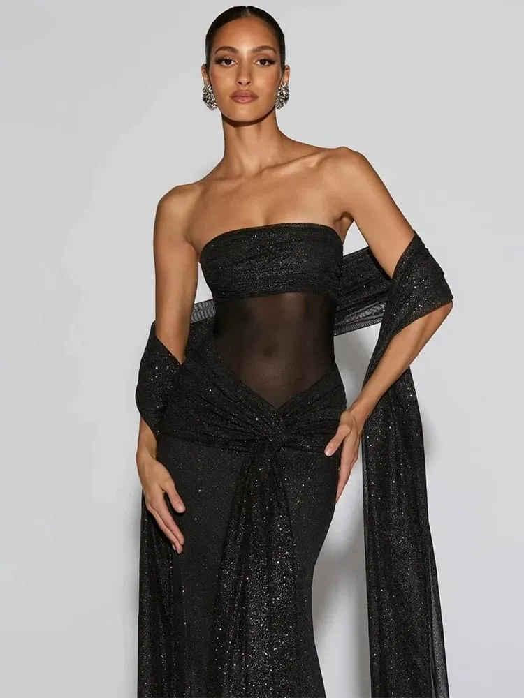 Mozision Sparkle Strapless Draped Sexy Maxi Dress Women Elegant Off-shoulder Sleeveless Backless Ruched Club Party Long Dress — image 4