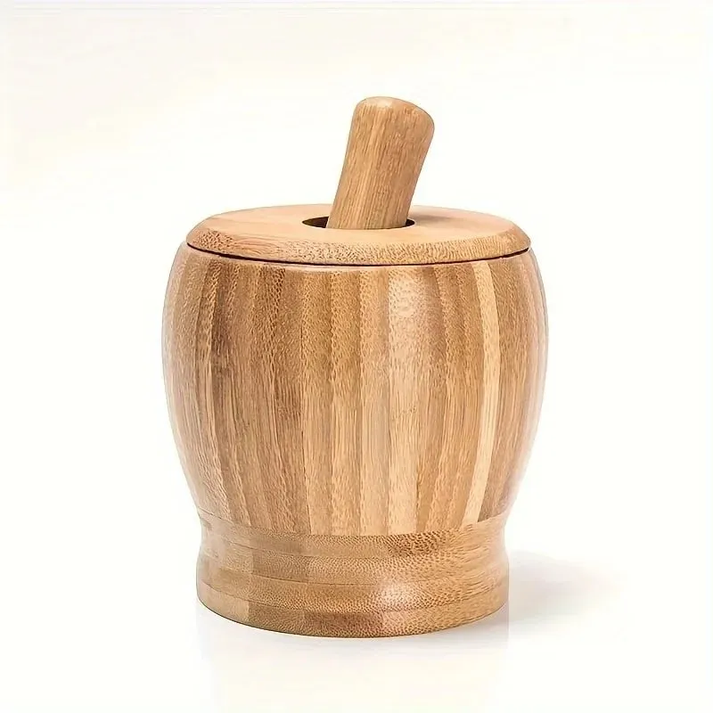 1set Bamboo garlic jar household kitchen food mixer garlic puree grinder with lid