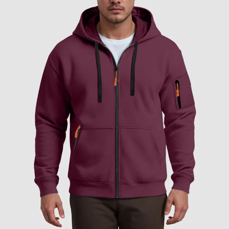 Men's Hoodies Solid Color Loose Zip Up Jacket Arm Zipper Pocket Hoodies Sand Hoodie Men