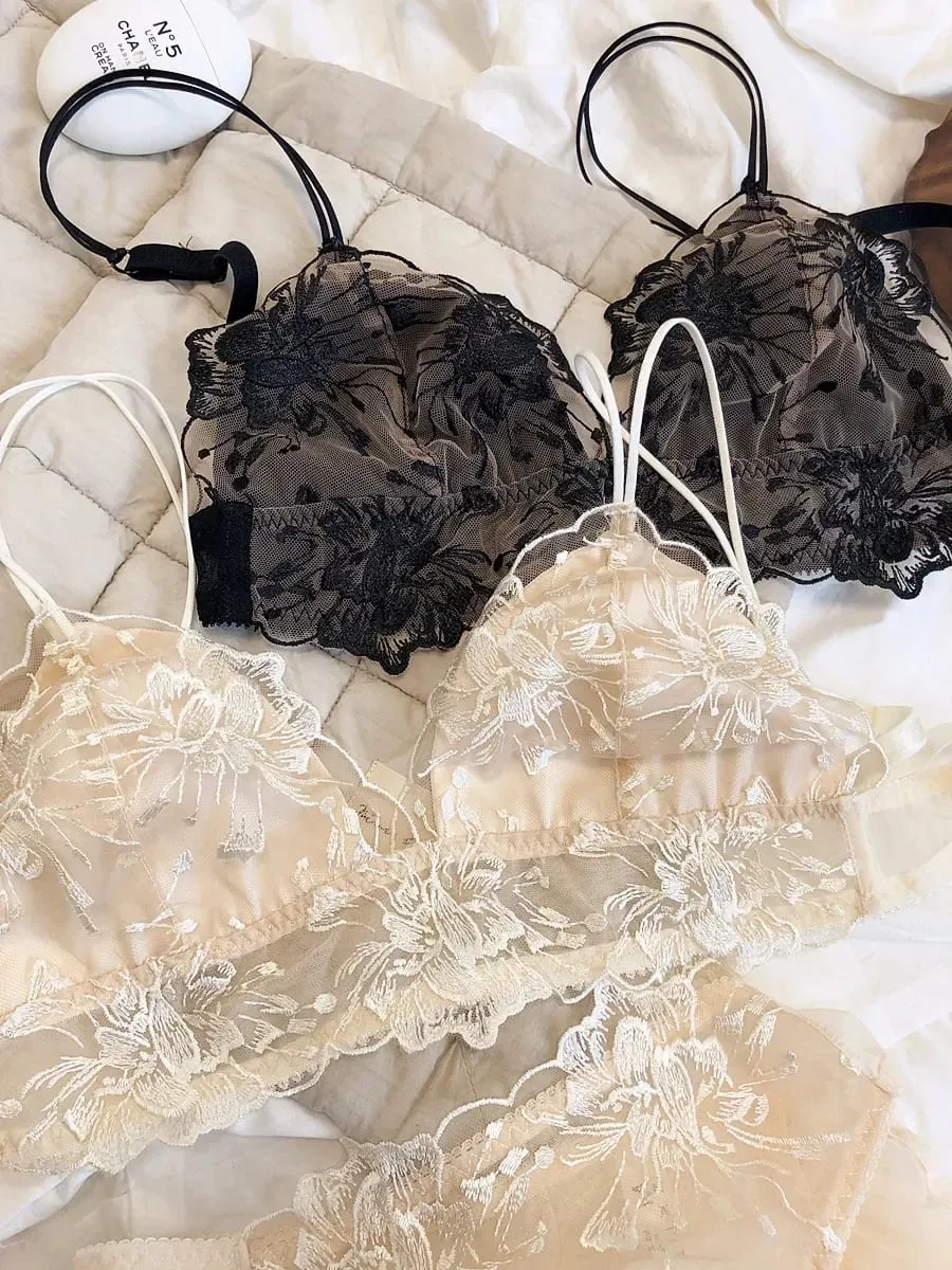 Conjunto de bralette de renda bordada, copo triangular, sutiã sem fio para seios grandes, lingerie ultrafina e respirável — image 7