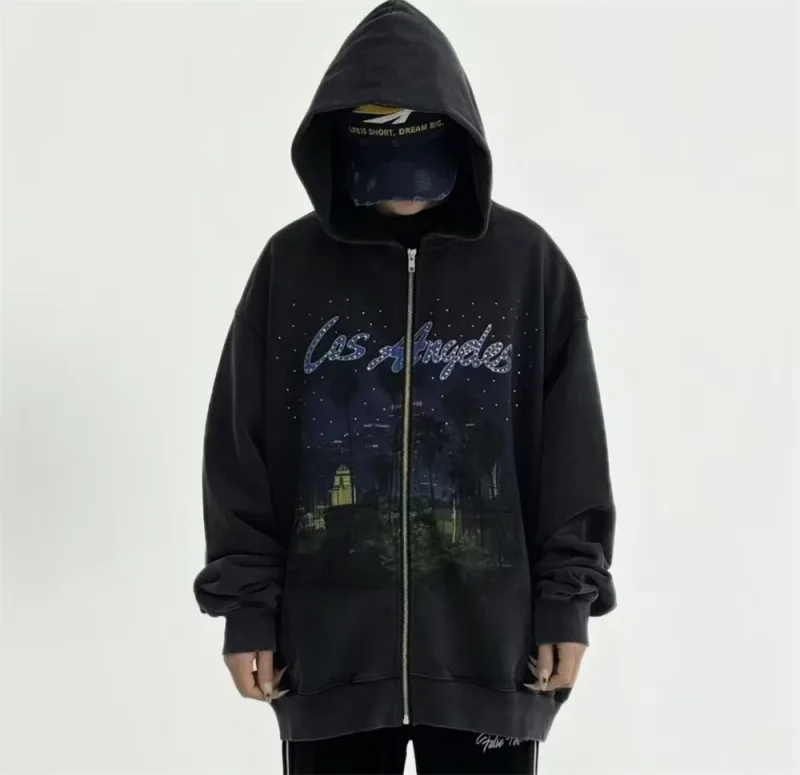 False Rhinestone Starry Sky Pattern Print Washed Zipper Loose Hoodie Street Casual Cotton Versatile Sports Trendy Sweatshirt — image 3