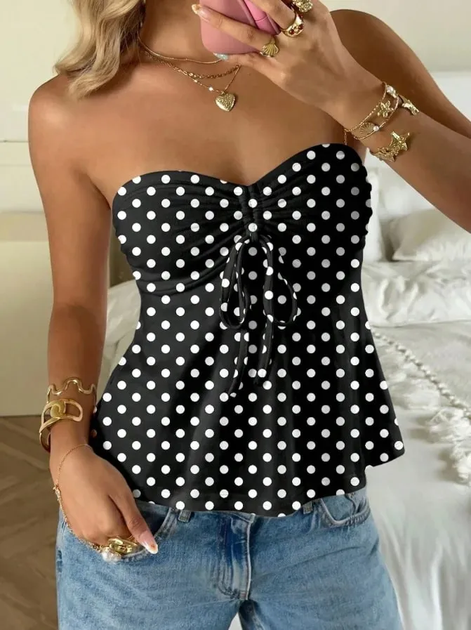 Women Yellow Eyelet Lace Tube Top Casual Ruched Tie Front Peplum Strapless Camisole — image 9