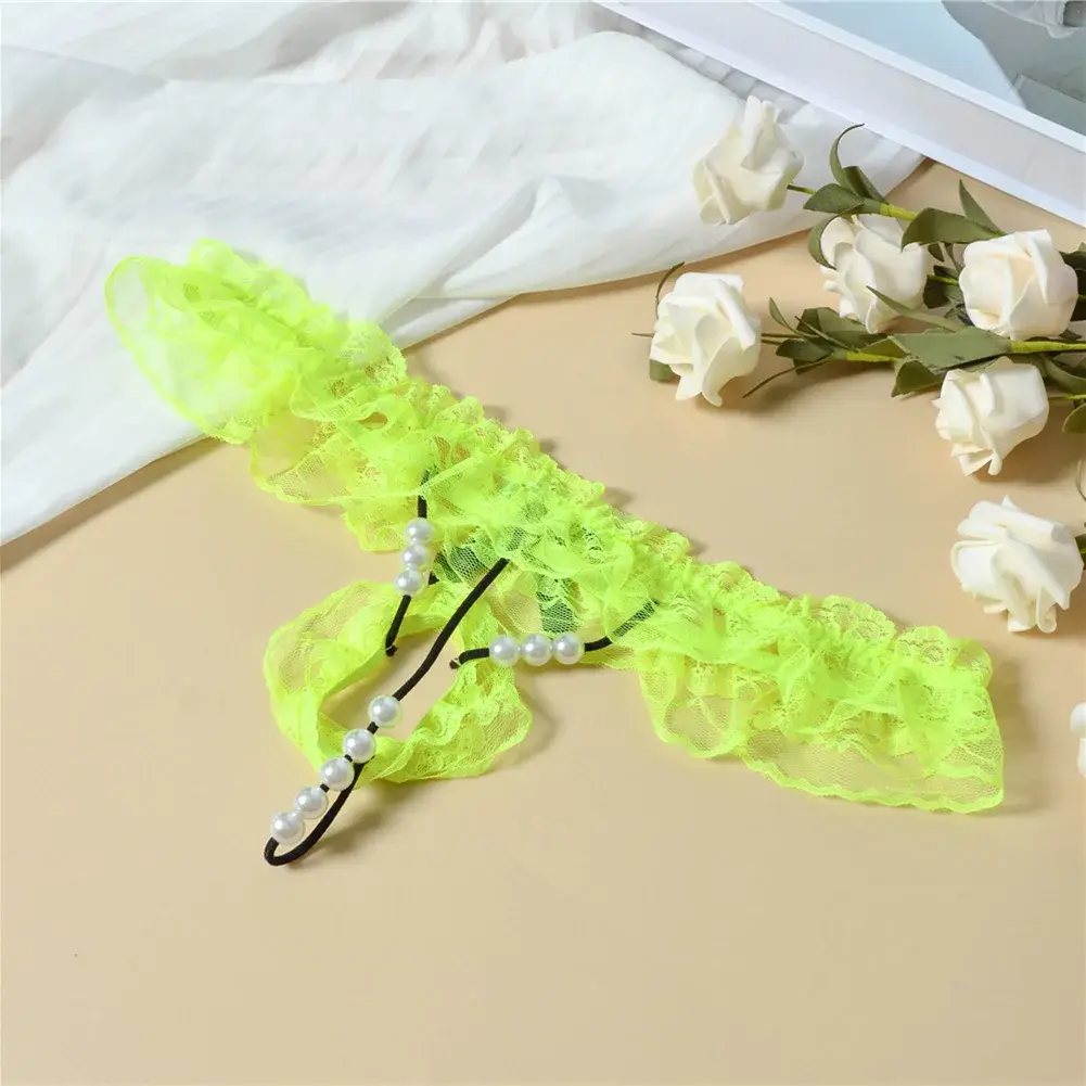 Men Lace T-Back Underwear Bow Elastic Waist G-String Pearl Lingeries For Man Sissy Panties Sexy Accessories Thongs Men's Panties — image 24
