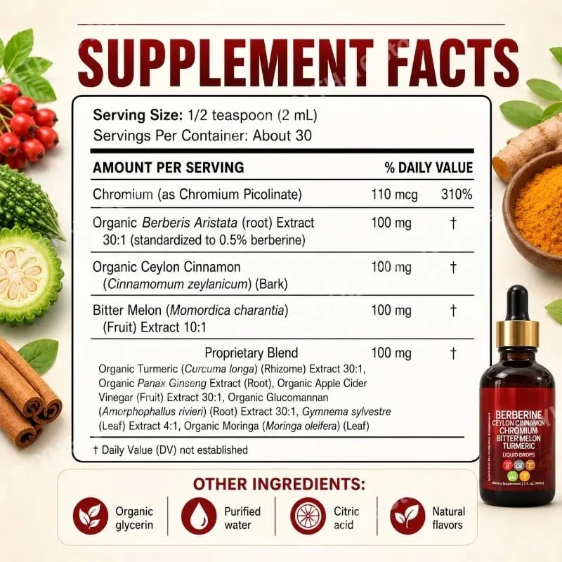 Berberine Liquid Drops Ceylon Cinnamon Chromium Bitter Melon & Turmeric Extract Multi-Ingredient Metabolic Support 60 ML — image 2
