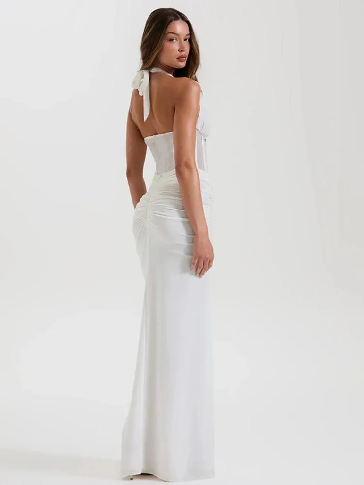 MO Patchwork Sexy Deep V-neck Halter Women Maxi Dress Backless See Through Dress Summer Slim Elegant Party Evening Dress