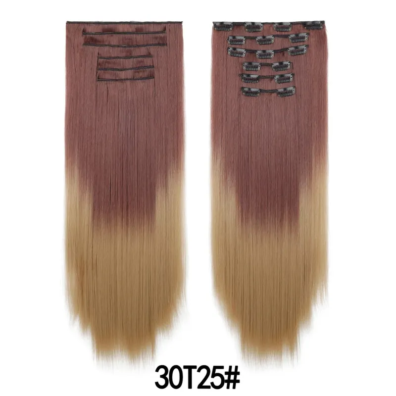 6PCS/Set Clip In Hair Extensions Long Straight Hair Full Head Ombre Gradient Color Synthetic Hairpiece For Women Daily Use
