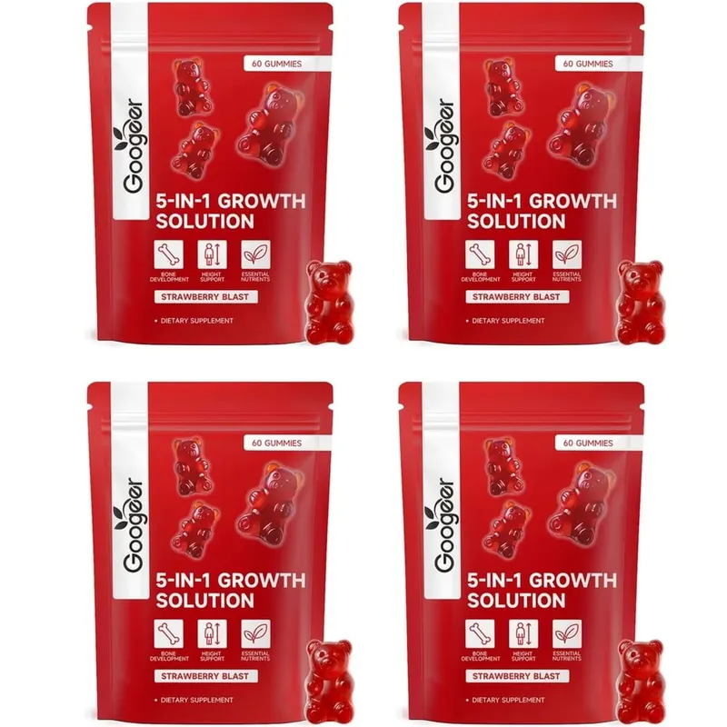 Googeer 5-IN-1 Growth Solution Gummies for Bone Development & Height Support Vitamin D3 K2 Calcium Strawberry Blast 60 Gummies