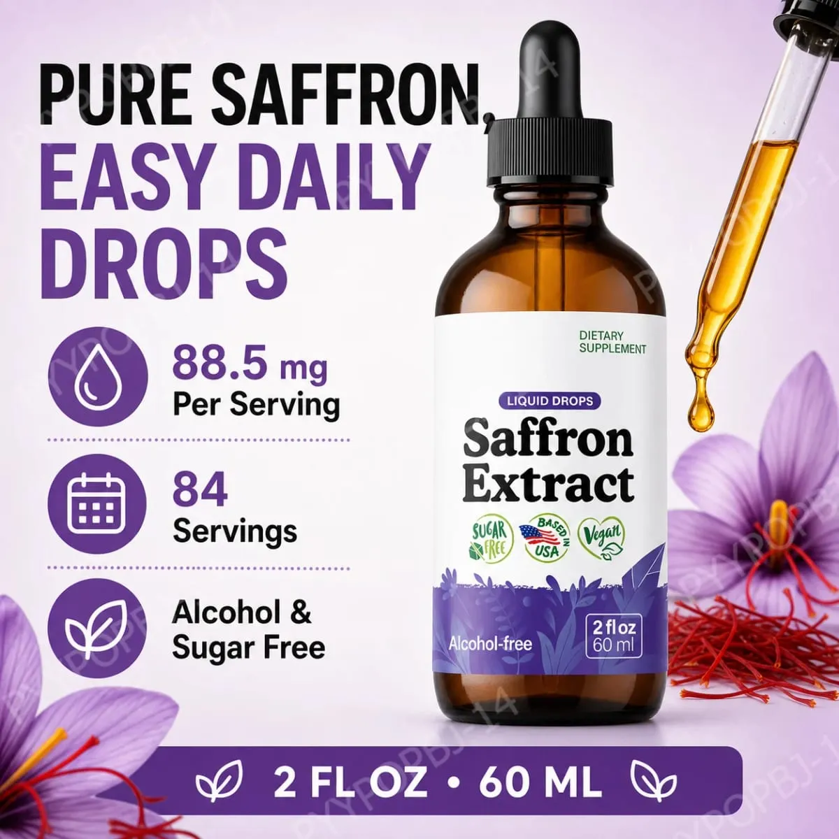 Organic Saffron Liquid Extract Drops Plant Based Herbal Supplement Vegan Sugar Alcohol Free 60ml Daily Health Supplements — image 2