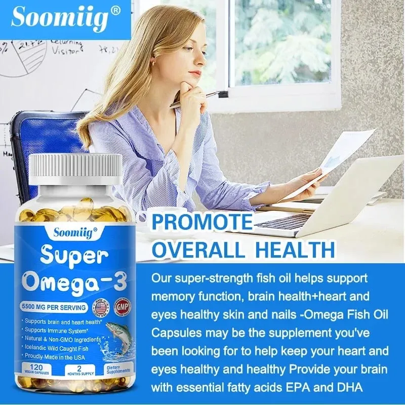 Wild Caught Super Strength Omega 3 Fish Oil 120 Softgels 5500mg High EPA 1200mg DHA 900mg Non-GMO Gluten Free Dietary Supplement