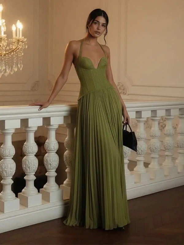 Green Chic Corset Halter Long Dress Women Solid Backless Off Shoulder Pleated Patchwork Slim Dresses 2026 Lady Party Gown New — image 1