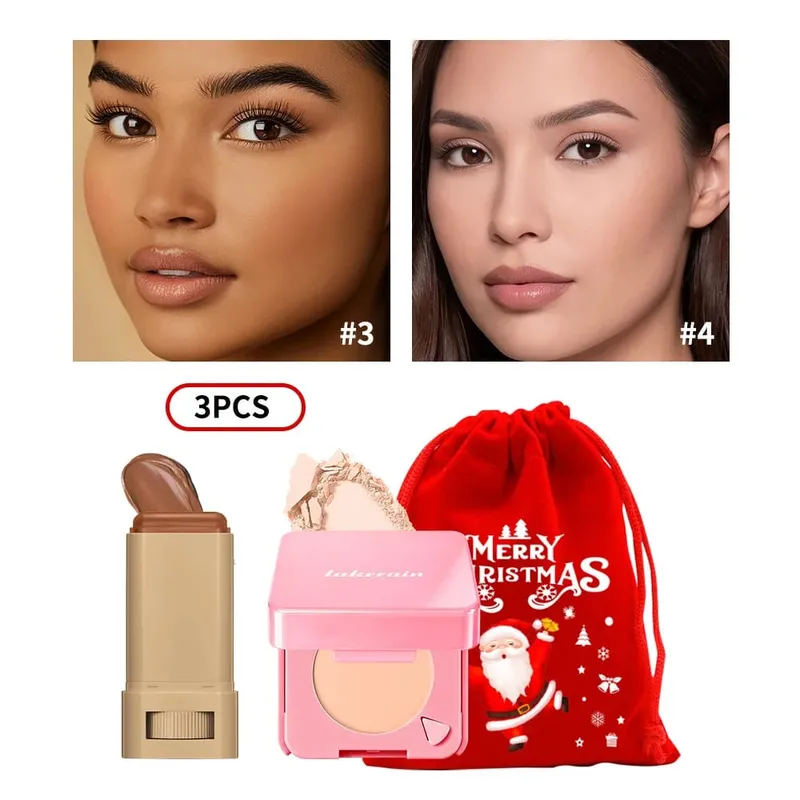 3Pcs Foundation Stick Face Pressed Powder Compact with Christmas Drawstring Bag Long Lasting Matte Face Cosmetic Christmas Gift — image 1