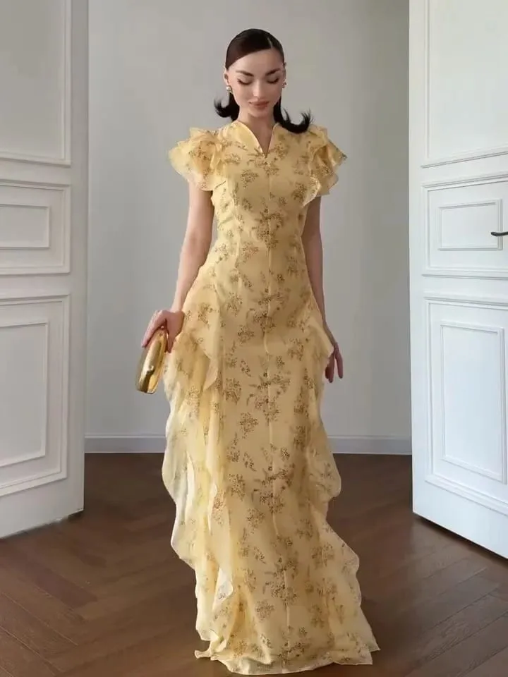 Floral Print Lace Trim Flutter Sleeve Maxi Dress Deep V-Neck High-Low Chiffon 2026 Summer Chic Romantic Women Feminine Gown — image 7