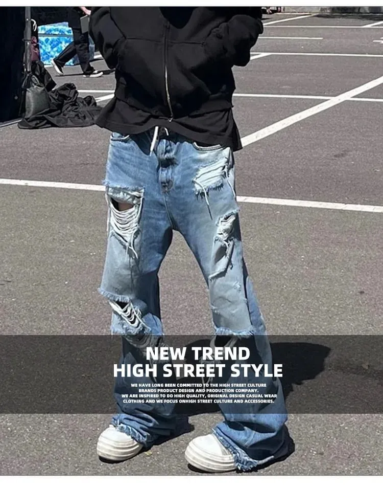 Unisex Wide Leg Flared Jeans Torn Hole Cut with Cat Whisker Fringe Blue for Men And Women ZJ014 — image 8