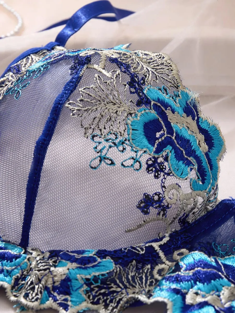 Royal Blue Floral Embroidery Satin Mesh Lingerie Set Underwire Bra With Matching Thong Women Sexy Intimates ZA825146 — image 4