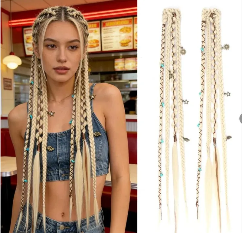 2PCS Synthetic 20Inch Bohemian Braided Ponytail Hair Extensions With Metal Charms Brown Mix Burgundy Handmade Box Braid Ponytail — image 8