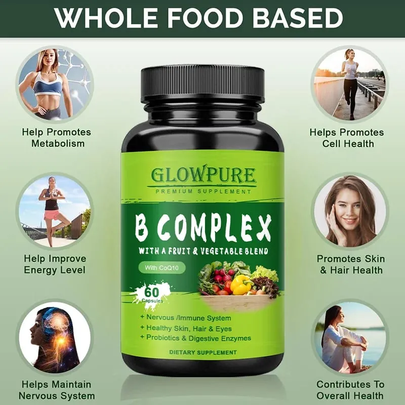 B Complex Vitamins for Nervous System & Energy - Supports Immunity Heart Health Hair Skin & Nails