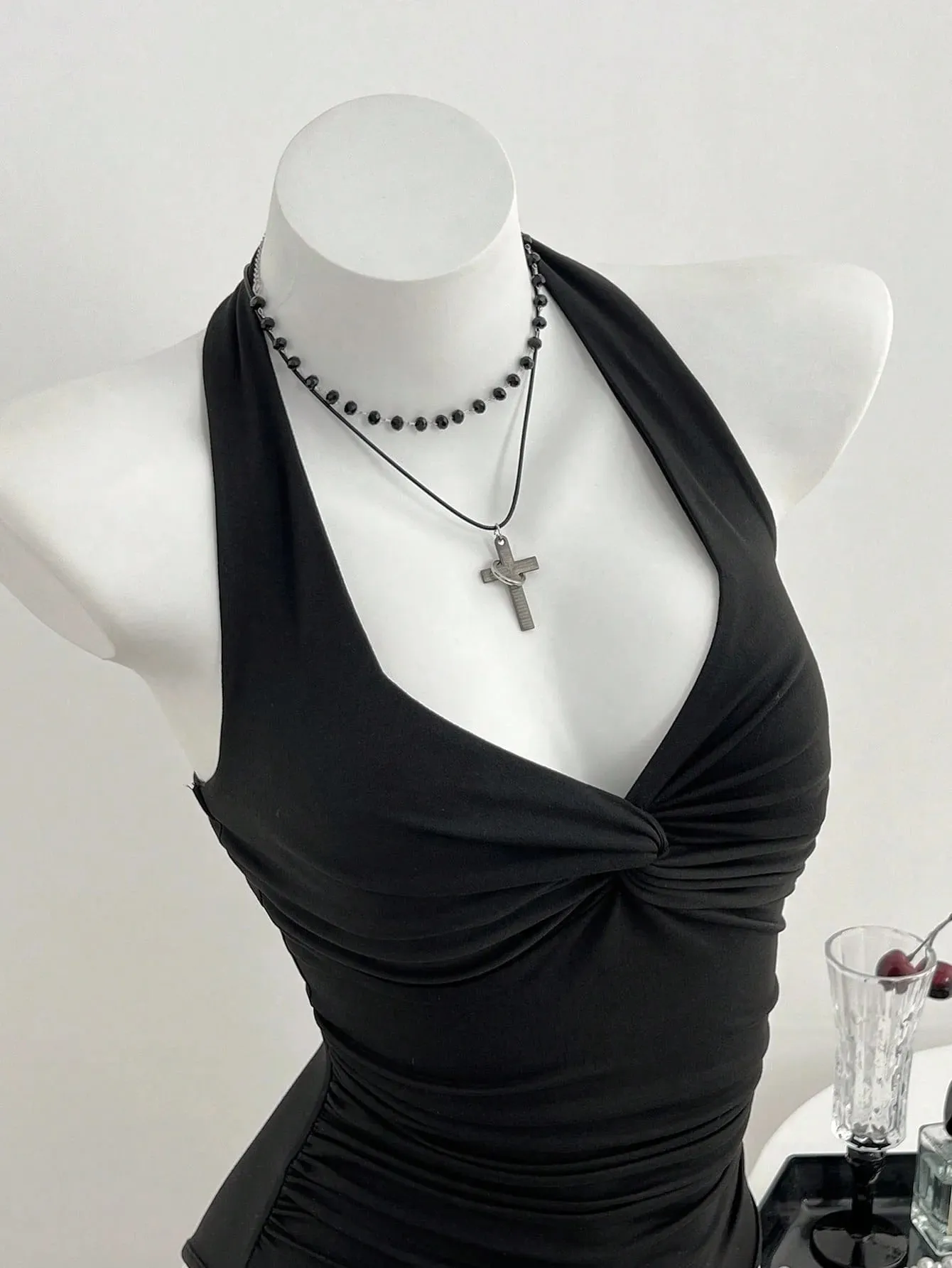 Women Halter Deep V Front Twist Knot Ruched Waist Bodysuit Solid Black Sleeveless Slim Fit Y2K Basic Jumpsuit Top — image 6