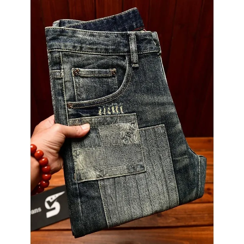 Retro and nostalgic patchwork design jeans for men trendy and fashionable street men's clothing slim fit small foot long pants — image 4