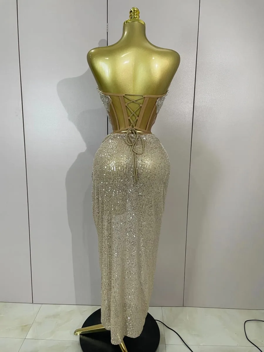 Sparkly Pailletten Kralen Sexy Strapless Tweedelige Set Vrouwen Avond Vieren Nachtclub Party Luxe Verjaardag Jurk Toneelkostuum — image 3