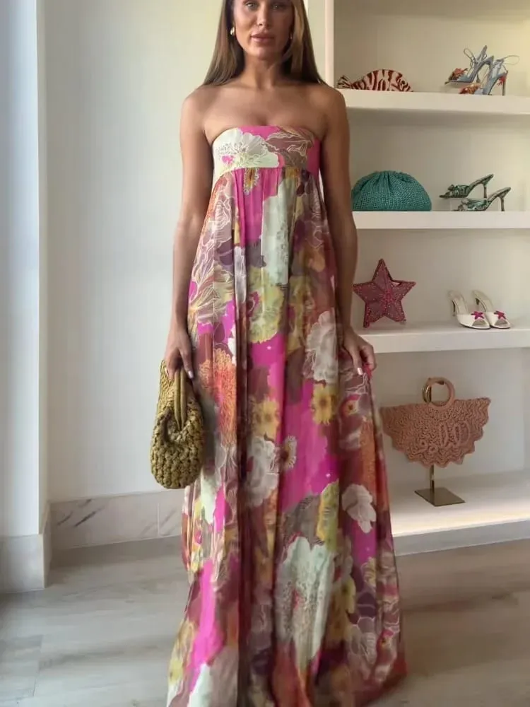Women Fashion Printed Strapless Maxi Dress Elegant Off Shoulder Backless Sleeveless High Waist Gown Summer New Lady Party Robes — image 6