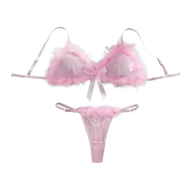 Furry Women's Underwear Mesh Transparent Bow Decor Lingerie Set Wireless Romantic Intimate Bra Panties Suit Intimate Moments