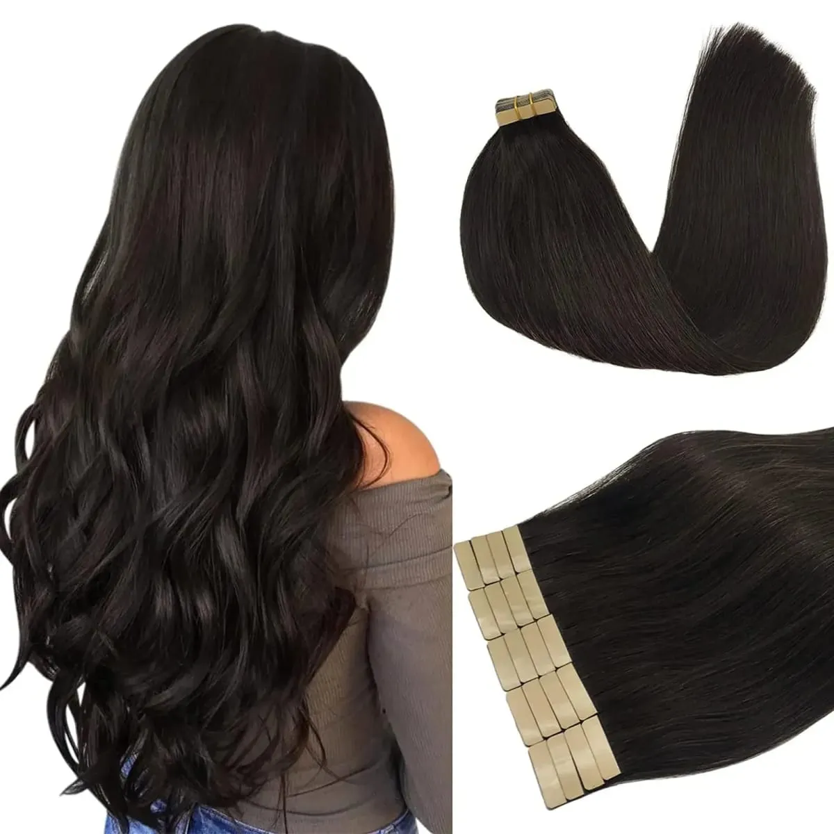 Tape In Hair Extensions Human Hair 16-24 Inch Seamless Invisible Remy Hair Extensions Tape Ins For Women Brazilian Natural Black 21Pcs 50g 100% Human Hair — image 3