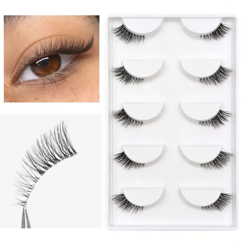 5 Pairs of Strip Half Lashes – Cat-Eye Effect Natural Curl 6-9-12mm Lengths Noticeable Yet Natural Look Enhances Eye Beauty