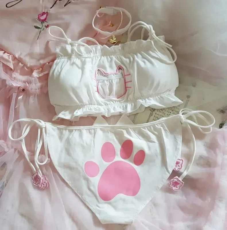 Japansk Anime Kat Pige Cosplay BH Trusser Sæt Kvinder Sexet Lingeri Undertøj Intimates Kawaii Lolita Hollow Out Kitty Nattøj — image 7