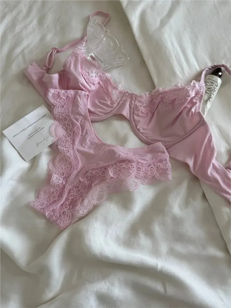 Pink Unlined Full Cup Bra Set Underwire Lace Trim Lift Comfortable Minimalist Seamless Skin-friendly Everyday Bras and Panty — image 4