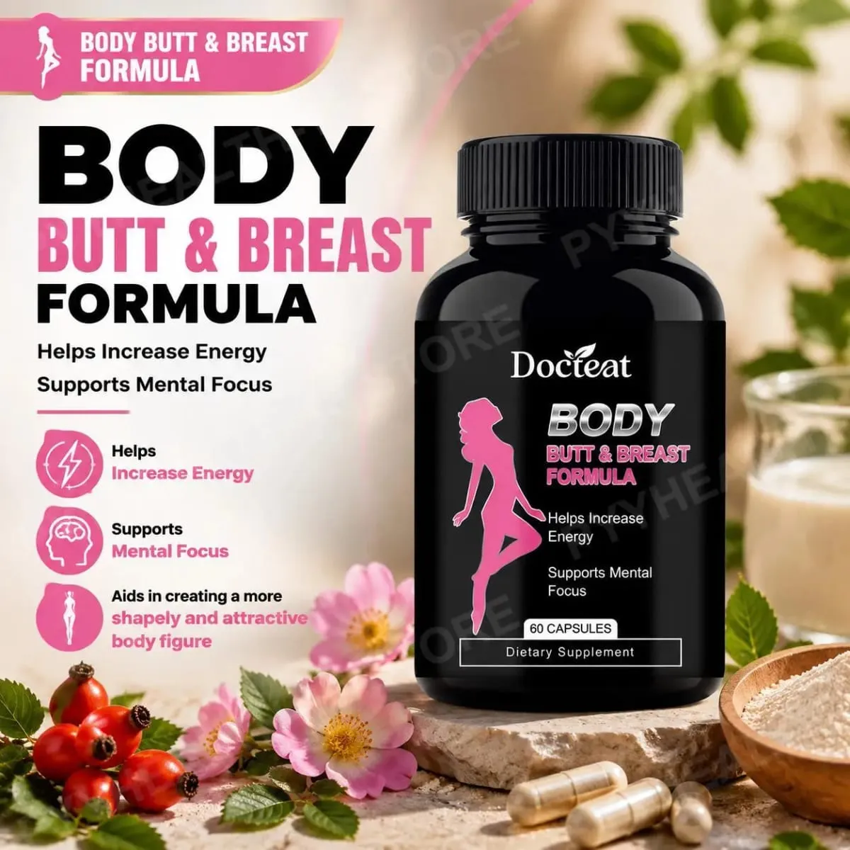Docteat Body Butt & Breast Formula Capsules Helps Increase Energy and Supports Mental Focus with Creatine and Whey 60 Capsules — image 2