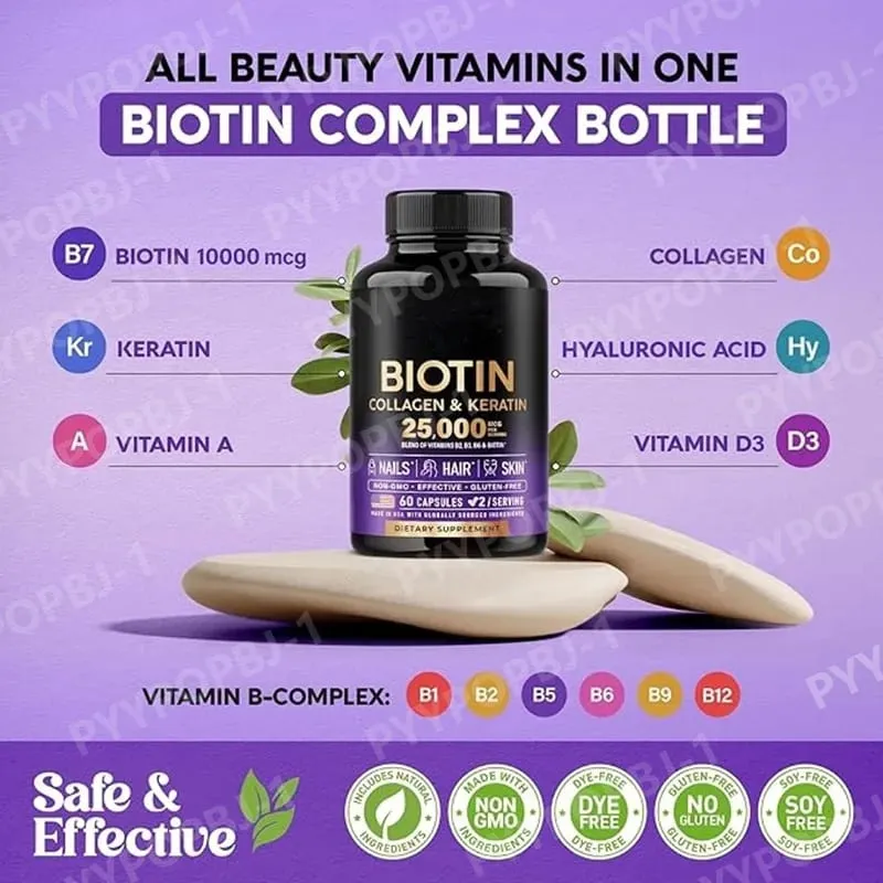 Biotin Capsules Contain Collagen and Vitamin B2 B3 B6 & B7 for Women Men Hair Care Supplements Skin & Nails Support 60 Pieces